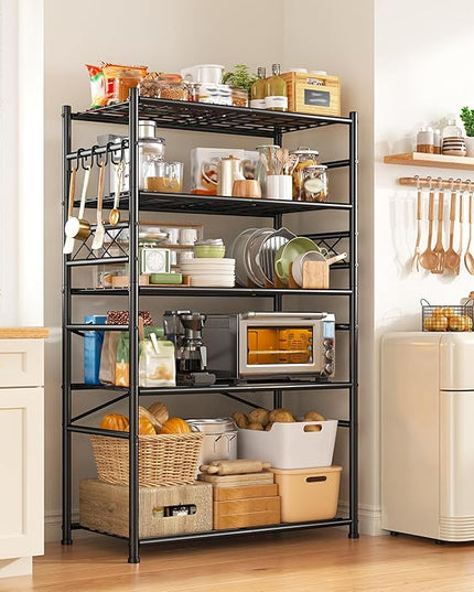 Storage Shelves 5-Tier Large Capacity Metal Shelving with Hooks, Heavy Duty Garage Shelving Unit with Leveling Feet, Stable Metal Shelves for Pantry, Kitchen and Closet, 72" H x 36" W x 12" D, Black