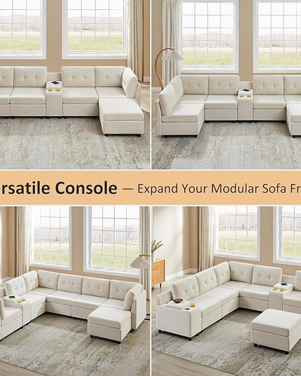 VANOMi 118" Modular Sectional Sofa with Ottoman, 4 Seater Cloud Sofas & Couches, Cozy Chenille Sectional Couches for Living Room, Apartment, Office, White, L Shaped