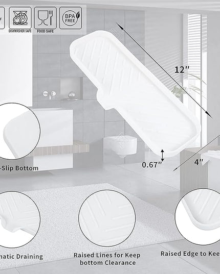 Silicone Bathroom Soap Dishes with Drain Spout-Bathroom and Kitchen Sink Organizer,Sponge Holder,Dish Soap Tray,Perfect for Dispenser,Scrubber,Bottle,Cup on Sink or Counter-White 12"×4"