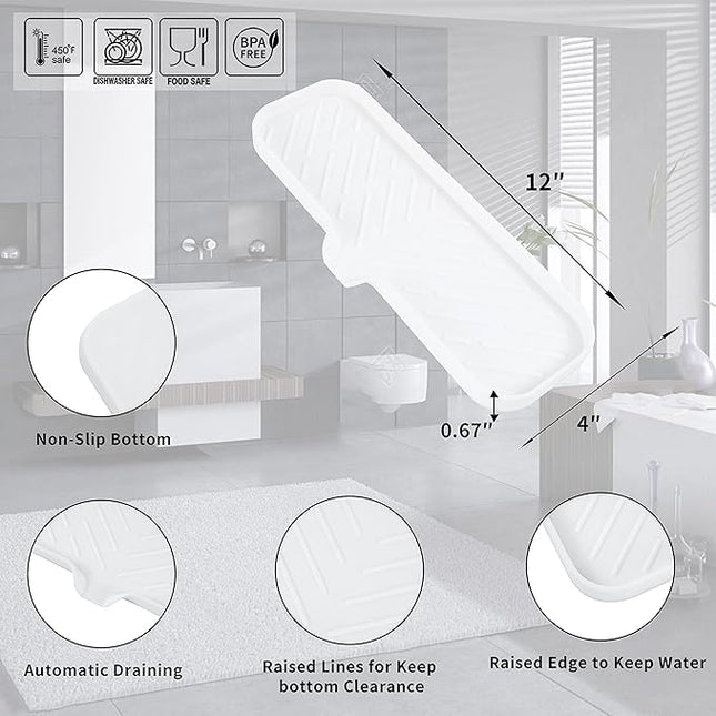 Silicone Bathroom Soap Dishes with Drain Spout-Bathroom and Kitchen Sink Organizer,Sponge Holder,Dish Soap Tray,Perfect for Dispenser,Scrubber,Bottle,Cup on Sink or Counter-White 12"×4"