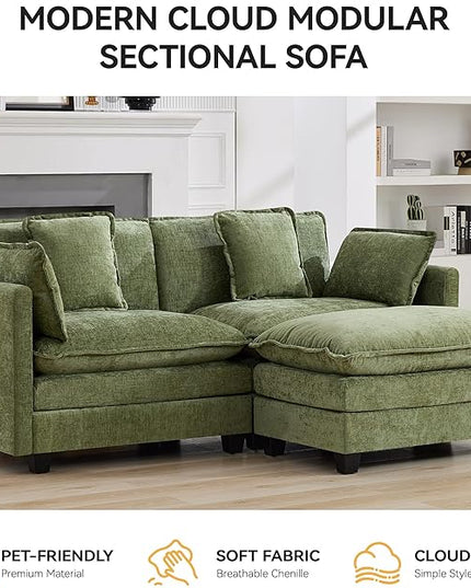 76'' Cloud Deep Seat Loveseat Sofa, Upholstered Chenille Modular 2-Seats Sectional Sofa Couch with Movable Ottoman, Modern Comfy Settee Loveseat for Living Room Set, Small Apartment, Green