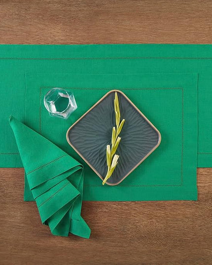 Solino Home Linen Cloth Placemats Set of 4-100% Pure Linen Hemstitch Emerald Green Placemats 14 x 19 Inch - Classic Hemstitch Table Place Mats for Christmas, New Year