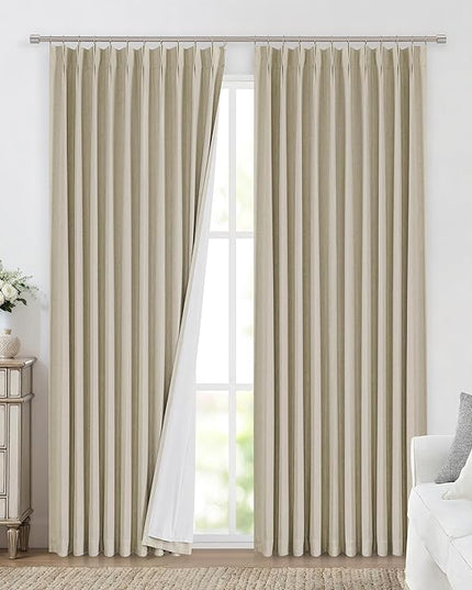 Vision Home Sand Pinch Pleated Full Blackout Curtains Linen Blended Room Darkening Window Curtains 90 inch for Living Room Bedroom Thermal Insulated Pinch Pleat Drapes with Hooks 1 Panel 60" Wx90 L