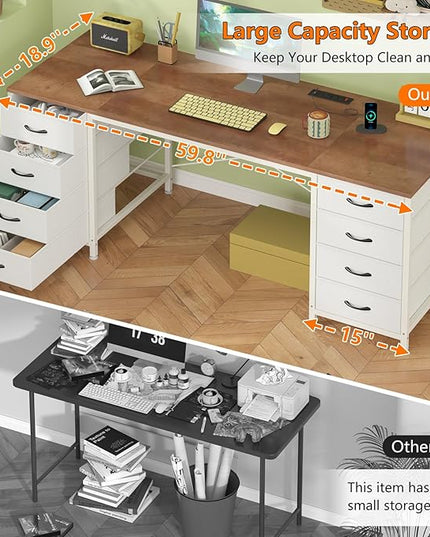 60 Inch Computer Desk with 8 Drawers, Home Office Desk with Power Outlets, Work Study Gaming Desk with 8 Fabric Drawers, Brown and White