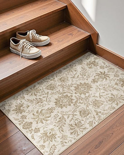 jinchan Torino 2x3 Washable Rugs for Entryway, Vintage-Inspired Floral Neutral Design Non-Slip Low-Pile Doormat, Ultra-Thin Indoor Traditional Accent Carpet for Entrance Bathroom Bedroom, Taupe
