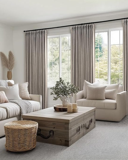 Burlywood Pinch Pleated Linen Blackout Curtains 63 Inch Length 2 Panels Insulated Thermal Full Blackout Dual Layer Drapes for Bedroom Living Room Darkening Taupe Pinch Pleat Curtain with Hooks Rings