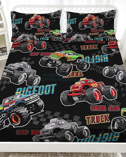 AILONEN Truck Fitted Sheet Twin XL Size,Pickup Truck Bedding Set for Kids Boys,Rigfoot Automobile Extreme Sport Theme Bed Sheet Set,3 Pieces,Soft Breathable Fitted Sheet and 2 Pillowcases