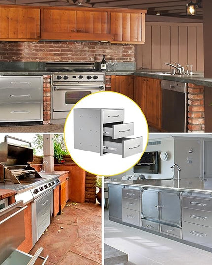 Outdoor Kitchen Drawers 16" W x 21" H x 23" D Flush Mount Triple BBQ Drawers with Chrome Handle Stainless Steel Drawer for Outdoor Kitchen Island, Patio Grill Station