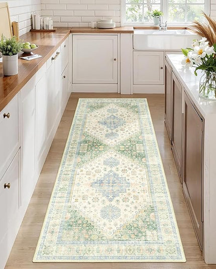 MUJOO Washable Runner Rug,2x6 Runners for Kitchen Bathroom Hallway Bedroom Entryway Laundry,Non Slip Long Mat Indoor,Boho Throw Carpet Low Pile Light Green and Blue