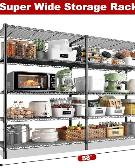 REIBII 5 Tier Wire Shelving Storage Shelves Loads 1430LBS, 58" W Metal Shelving for Storage Adjustable Shelving Unit Heavy Duty Garage Shelves Pantry Shelves Kitchen, Black