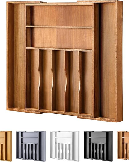 Large Premium Acacia Silverware Organizer - Expandable Drawer Organizer & Utensil Organizer - 17"x19.7" Cutlery Tray with Dividers for Kitchen Utensils and Flatware (7-9 Slots) Acacia