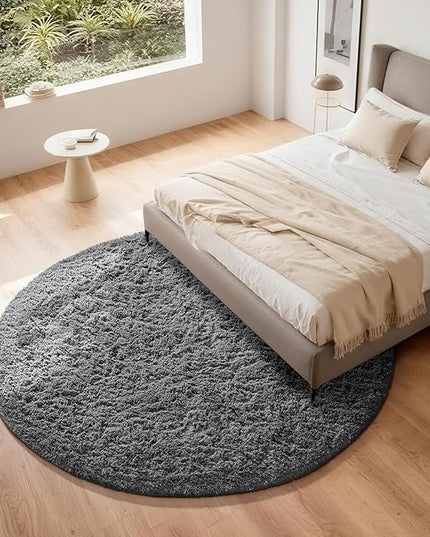 Ophanie Round Rug 7Ft Grey Circle Area Rugs, Large Fluffy Fuzzy Living Room Carpet 7 foot, Plush Shag Solid indoor Floor Gray Bedroom Christmas Circular Aesthetic Decor for Kids Teen Boys Baby,Nursery