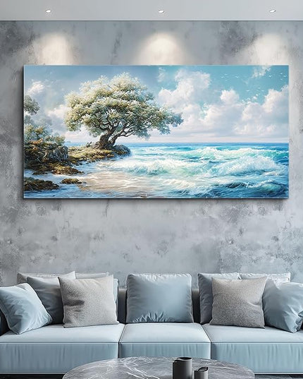 XIGUANGART Large Blue Coastal Wall Art for Living Room Wall Decor for Bedroom Beach Sunset Ocean Waves Nature Seascape Pictures Trees on Rock Scenery Canvas Print Artwork Painting for Bathroom Office