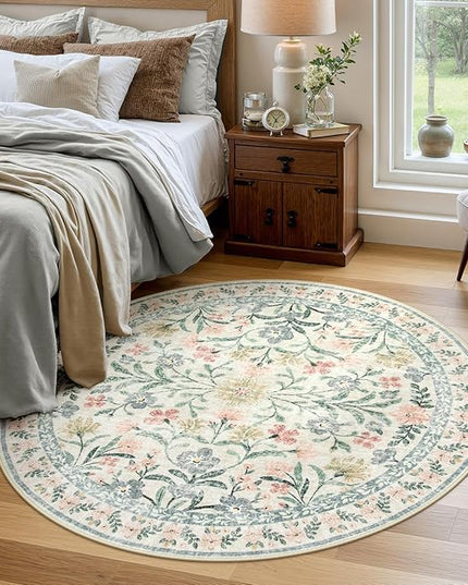 Wonnitar Round Washable Rug, Soft Floral Round Rugs 5ft Circle Carpets for Bedroom Ultra-Thin, Boho Beige Print Distressed Circular Carpet for Living Room Dorm Bedside