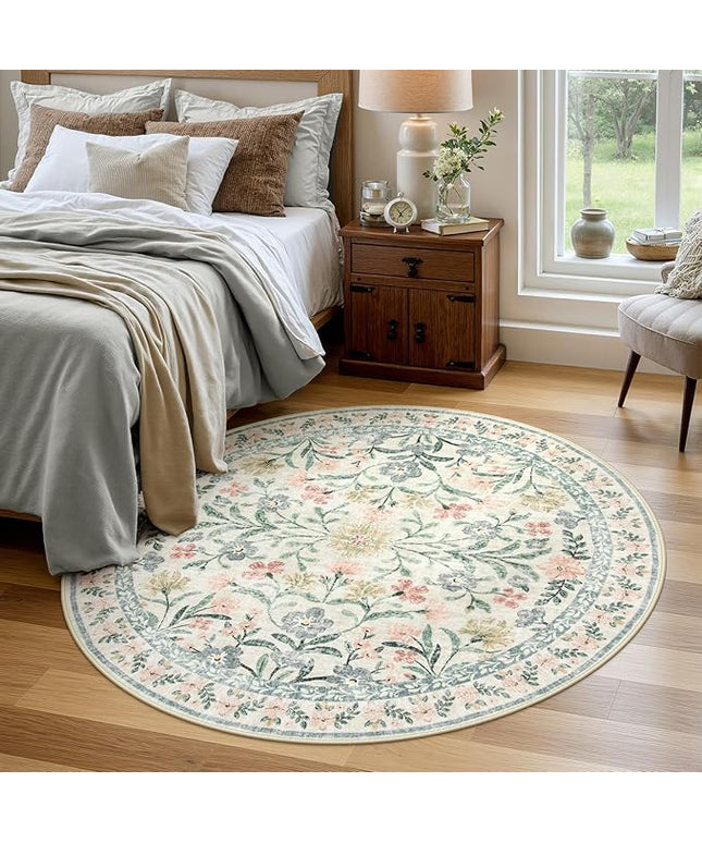 Wonnitar Round Washable Rug, Soft Floral Round Rugs 5ft Circle Carpets for Bedroom Ultra-Thin, Boho Beige Print Distressed Circular Carpet for Living Room Dorm Bedside