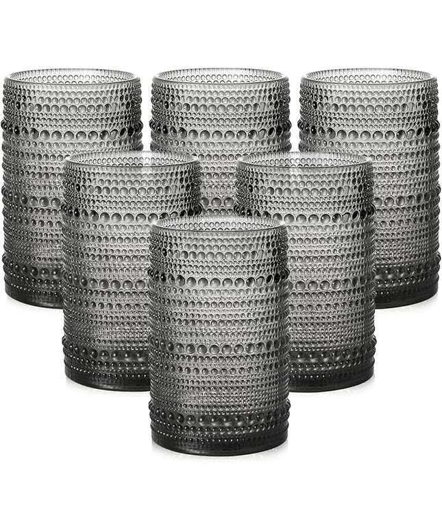 Vintage Glassware Drinking Glasses Set of 6,15 oz Hobnail Glass Cups,Embossed Grey Water Tumbler,for Beer,Cocktail,Whiskey,Juice and Various Mixed Drinks- 1 Cleaning Brush