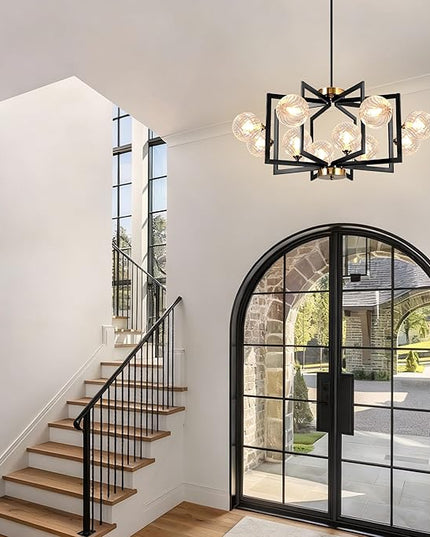 12 Light Black Dining Room Light Fixture Geometric Metal Hanging Pendant Light Fixtures Black Farmhouse Chandelier with Clear Swirled Globe Farmhouse Dining Room Chandelier for Entryway Foyer Kitchen
