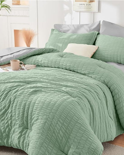HYMOKEGE Sage Green/Light Grey Twin Comforter Set Seersucker 5 Pieces, All Season Luxury Bed in a Bag for Bedroom, Bedding Set with Comforter, Sheets, Pillowcase & Sham