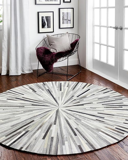 Premium Cowhide Leather Round Area Rug, Hand Made House Carpet for Living Room, Bedroom, Entryway, Stripes Patterned, Color: Grey, Size: 3X3 ft