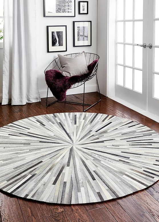 Premium Cowhide Leather Round Area Rug, Hand Made House Carpet for Living Room, Bedroom, Entryway, Stripes Patterned, Color: Grey, Size: 3X3 ft