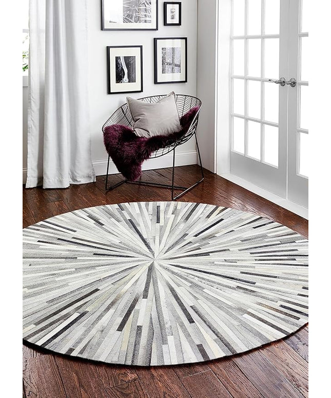 Round Leather Cowhide Rugs, Handcrafted Leather Area Rugs, 100% Real Leather Stripes Pattern Carpet for Bedroom, Entryway, Ideal for High Traffic Areas, Color: Grey, Size: 7X7 ft