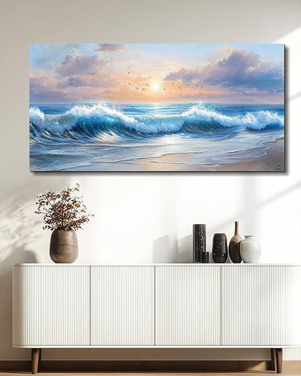 XIGUANGART Canvas Prints Wall Art for Bedroom Large Wall Decor for Living Room Ocean Paintings Blue Modern Minimalist Artwork Beach Sunrise Sea Wave Nature Pictures Home Decor Ready To Hang