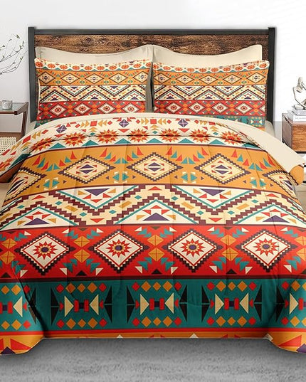 Comforter Set King Size, Colorful Tribal Mexico 7 Pcs Bedding for Kids and Adults, Mexican Aztec Sun Bed Sheet Sets with Fitted Sheet 2 Pillowcases & 2 Shams for Bedroom Bed Decor