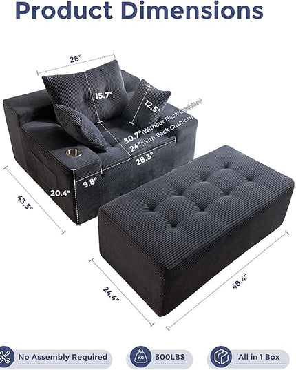 MAXYOYO Oversized Chaise Lounge Sofa, Upholstered Lounge Chair with 3 Pillows Indoor, Tufted Boneless Sofa Couch with Ottoman, Deep Seat Sleeper Chair for Living Room, Bedroom, No Assembly, Grey