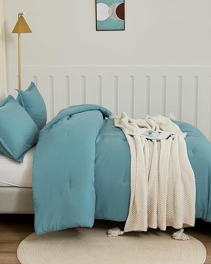 Litanika Grayish Teal Comforter King Size, 3 Pieces Lightweight Solid Bedding Set, All Season Fluffy Bed Set (104x90In Comforter & 2 Pillowcases)