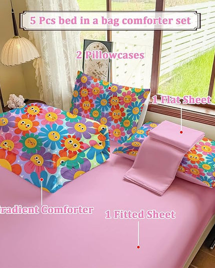 Full Size Bedding Sets Kids Bedding Sets for Girls, Galaxy Bedding 5 Pieces Bed in A Bag Full Size, Glitter Colorful Comforter for Girls