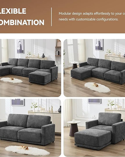 110.6" L Shaped Modular Sectional Sofa Modern Chenille Comfy Couch with Thickened Seat Cushions, Easy Assembly, Upholstered 4 Seater Couch with Movable Ottoman for Living Room, Grey