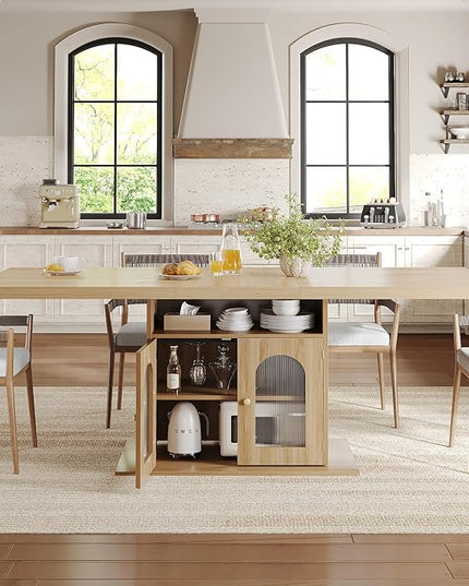 HSH Dining Table for 4–6, 63 Inch Wood Farmhouse Kitchen Table with 3-Tier Storage Shelf and Acrylic Door Cabinet, Rectangular Modern Dining Room Dinner Table for Apartment Home Small Space, Light Oak