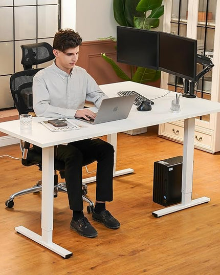 SANODESK Electric Corner L-Shaped 63 x 55 in Standing Desk, Memory Height Adjustment, White Top White Frame