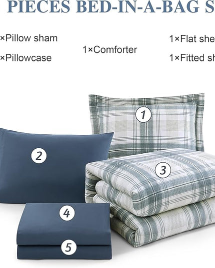 MaiRêve Plaid Twin XL Comforter Set, Blue Grey Grid Bedding Set for Boys & Girls, Classic Checkered Bed in A Bag Comforter Sets with Fitted & Flat Sheet, Pillowcase & Sham(Blue Grey, 66"x90")