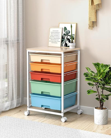 Craft cart,Rolling Cart with Drawers,Storage Cart with 5 Drawers and Wooden Tabletop for Under Desk Organizers and Storage,Macaron