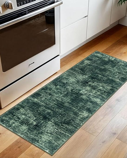 IOHOUZE Abstract Runner Rug 2x5 Ft Washable Runners for Hallways, Non Slip Kitchen Runner Printed Faux Wool Entryway Runner Indoor, Modern Abstract Floor Carpet for Hall Kitchen Bedroom, Dark Green