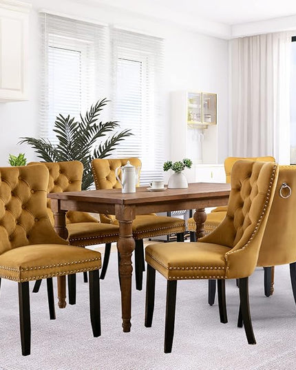 SoarFlash Velvet Dining Chair Set of 8, Upholstered Tufted Dining Room Chair with Nailhead Trim and Solid Wood Leg for Kitchen (Gold)