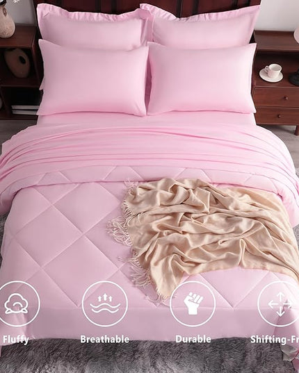 NTBAY King Comforter Set with Sheets, 7 Pieces Soft and Breathable King Bedding Set, Bed in a Bag, Down Alternative Comforter Set Solid Color All Season, King Bedding Set, Pink