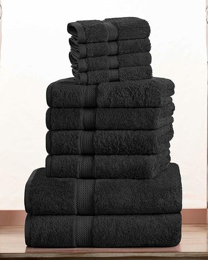 Superior Egyptian Cotton Pile 10 Piece Towel Set, Includes 2 Bath, 4 Hand, 4 Face Towels/Washcloths, Ultra Soft Luxury Towels, Thick Plush Essentials, Guest Bath, Spa, Hotel Bathroom, Black