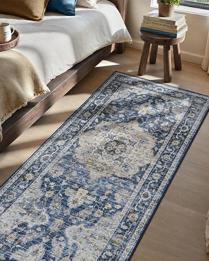 PADOOR-Vintage Runner Rug 2X10 Runners for Hallways-Soft Blue Washable Bedside Rugs for Bedroom-Non Slip Long Rug for Hallways Entryway Laundry Room Stair Kitchen Bathroom
