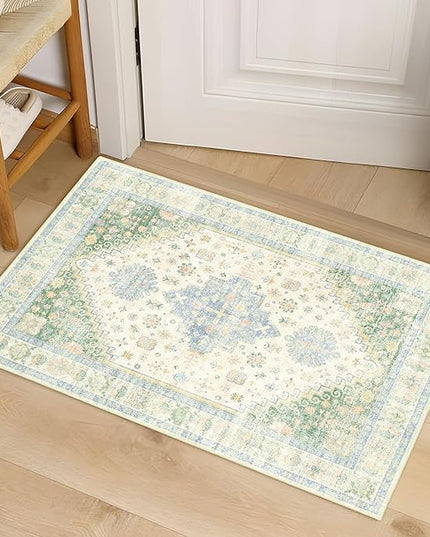MUJOO Small Rug,2x3 Washable Area Rugs for Bathroom Entryway Entry Entrance Bedroom,Indoor Front Door Mat Non Slip Throw Carpet Low Pile Boho Light Green and Blue