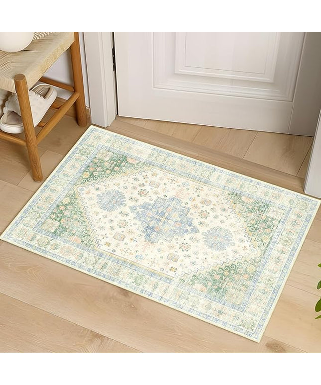MUJOO Small Rug,2x3 Washable Area Rugs for Bathroom Entryway Entry Entrance Bedroom,Indoor Front Door Mat Non Slip Throw Carpet Low Pile Boho Light Green and Blue