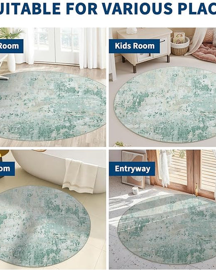 Modern Abstract 4x4 Round Area Rug Non Slip Non Shedding Rug Low Pile Stain Resistant for Bedroom Living Room Office Dining Room,Green