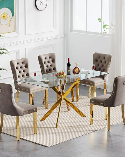 60.63in Rectangular Glass Dining Table Set for 6, Glass Gold Kitchen Table and Chair Set for 6, Modern 7 Piece Dining Room Set with 6 Fabric Upholstered Chairs, Metal Legs Home Kitchen Furniture