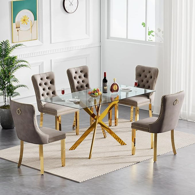 60.63in Rectangular Glass Dining Table Set for 6, Glass Gold Kitchen Table and Chair Set for 6, Modern 7 Piece Dining Room Set with 6 Fabric Upholstered Chairs, Metal Legs Home Kitchen Furniture