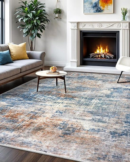 IOHOUZE Abstract Area Rugs 6x9 Ft Washable Rugs for Living Room, Non Slip Dining Room Rug, Printed Faux Wool Rugs for Bedroom, Floor Carpet for Office Nursery Playroom, Blue Rust