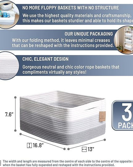 NaturalCozy Storage Baskets 16.8”x13”x7.6” Cotton Rope Woven Baskets for Organizing 3-Pack | Toy Storage Bins | Basket for Shelves, Laundry, Blanket, Clothes, Closet, Kitchen, Bathroom, Gifts