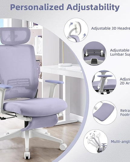 Foldable Office Chair with Foot Rest, Ergonomic Office Chair with Adjustable Lumbar Support, Headrest, Armrest, Home Office Desk Chair for Space Saving, Work from Home, Purple