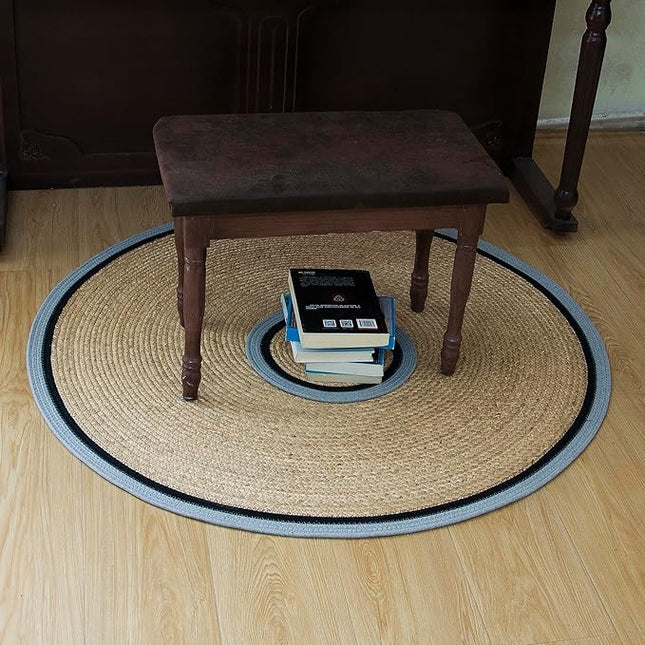 Handwoven Braided Rug, 3 Feet Round Reversible Area Rug, Pet-Friendly Durable Natural Fiber Carpet for Living Room, Dining Room, Bedroom