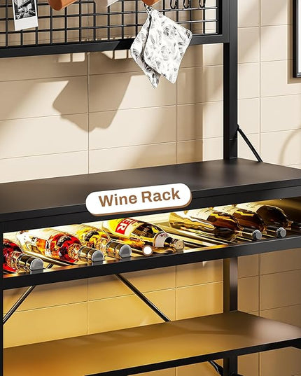 Itaar Bakers Rack with Power Outlet, 6-Tier Coffee Bar, Microwave Stand with Wine Rack, LED Lights and 10 Hooks, Bakers Racks for Kitchens with Storage, Black
